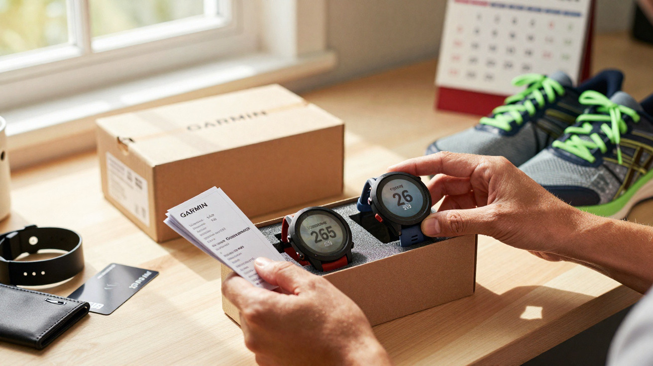 Person holding a Garmin smartwatch and instruction manual next to another watch in an open box on a wooden table.
