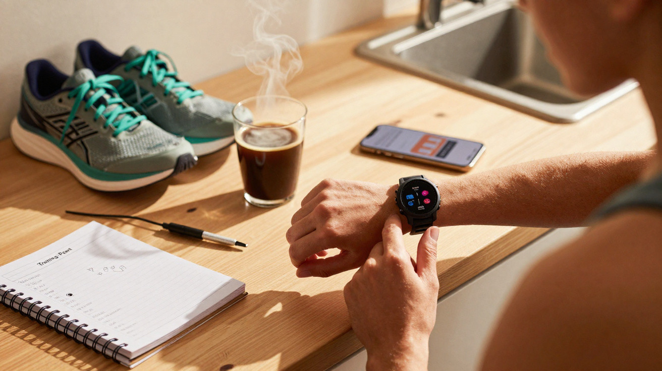 Person checking a smartwatch on a wooden table with running shoes, a steaming coffee, a phone, and a notebook nearby.