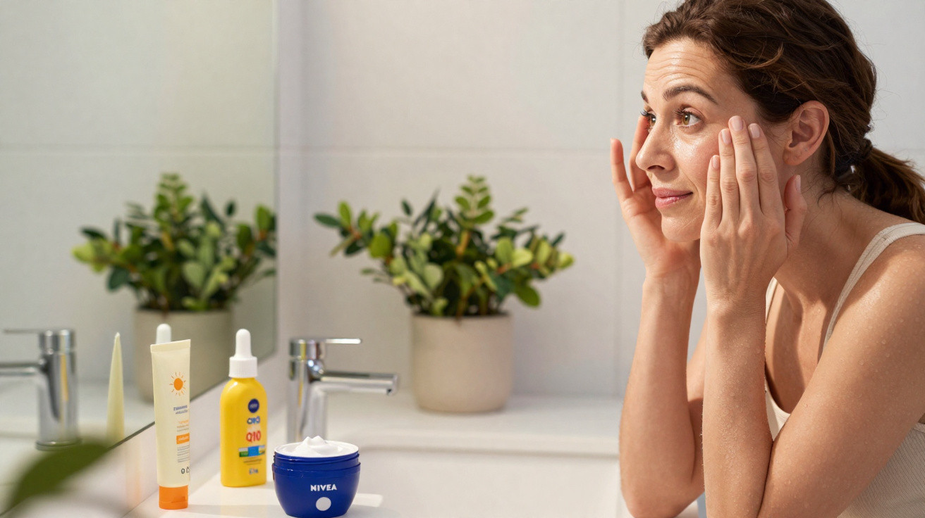 Woman applying skincare cream on her face in a bathroom with plants and skincare products on the sink counter.