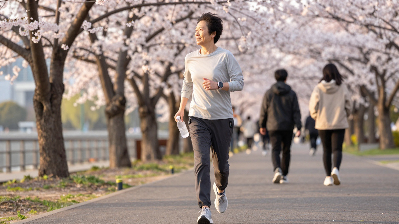 Woman jogging with water bottle under blossoming cherry trees on a paved path in spring.