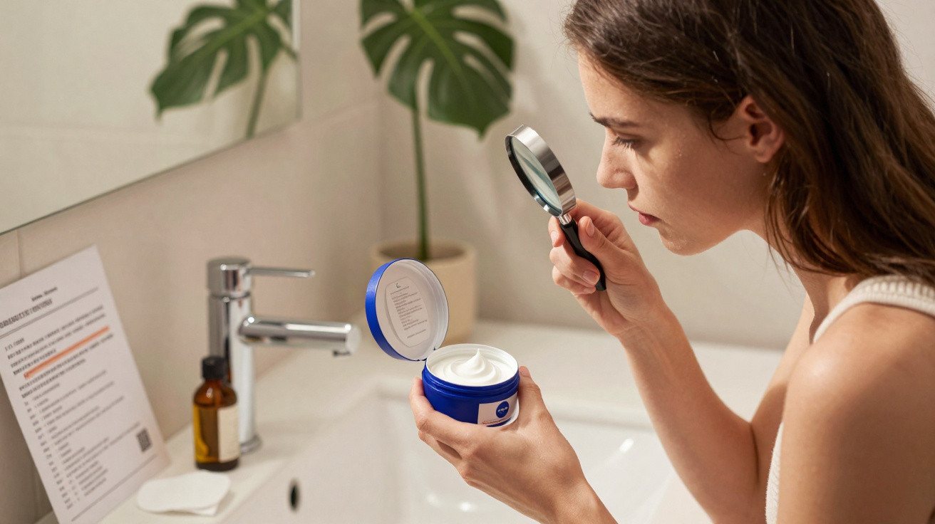 Woman examining skincare cream container with magnifying glass in bathroom by sink and mirror.