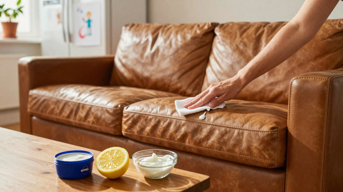 Person cleaning brown leather sofa with a white cloth and cream on a wooden coffee table next to lemon halves.