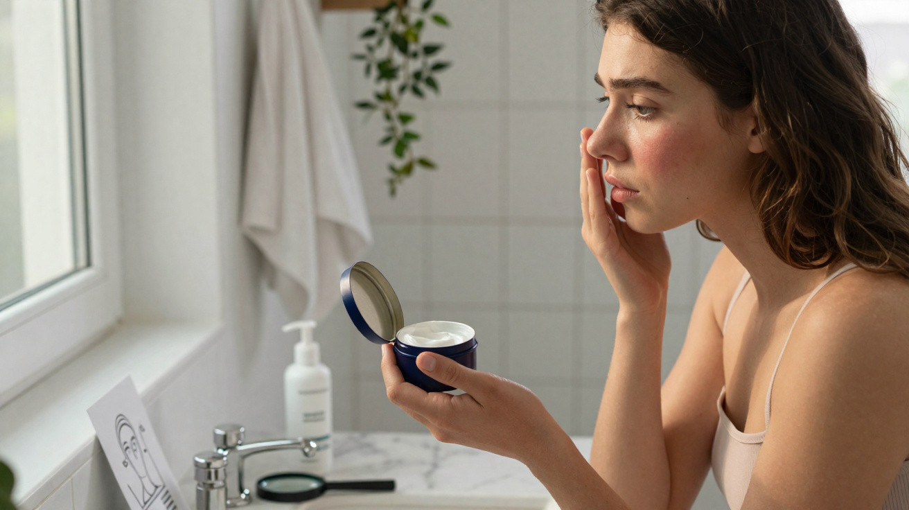 Young woman applying cream to her face in a bathroom with skincare products on the counter.
