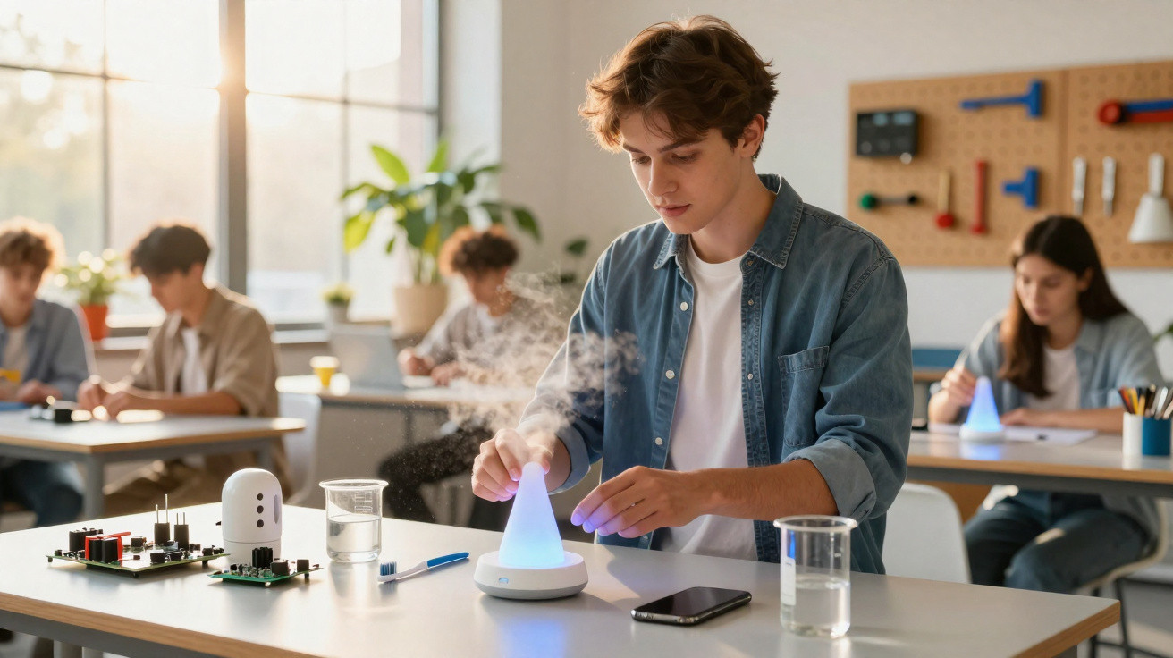 Teenage boy conducting a science experiment with a glowing cone emitting vapour in a classroom.