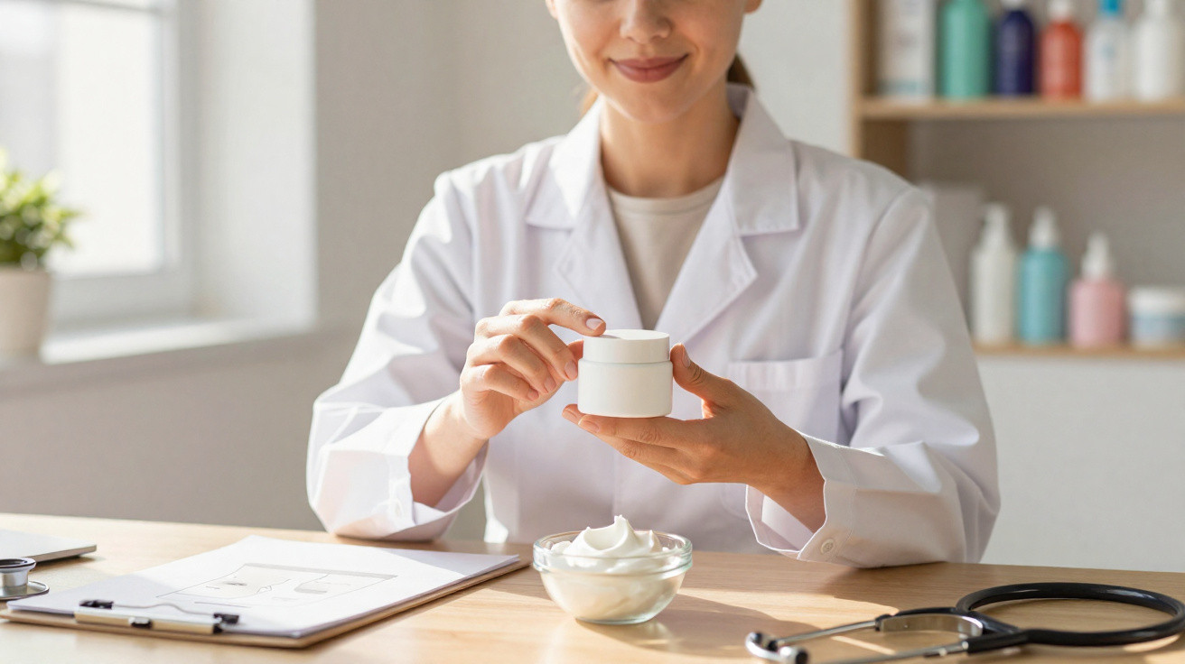 A woman in a white lab coat holding a cream jar with a bowl of cream and a stethoscope on the table.
