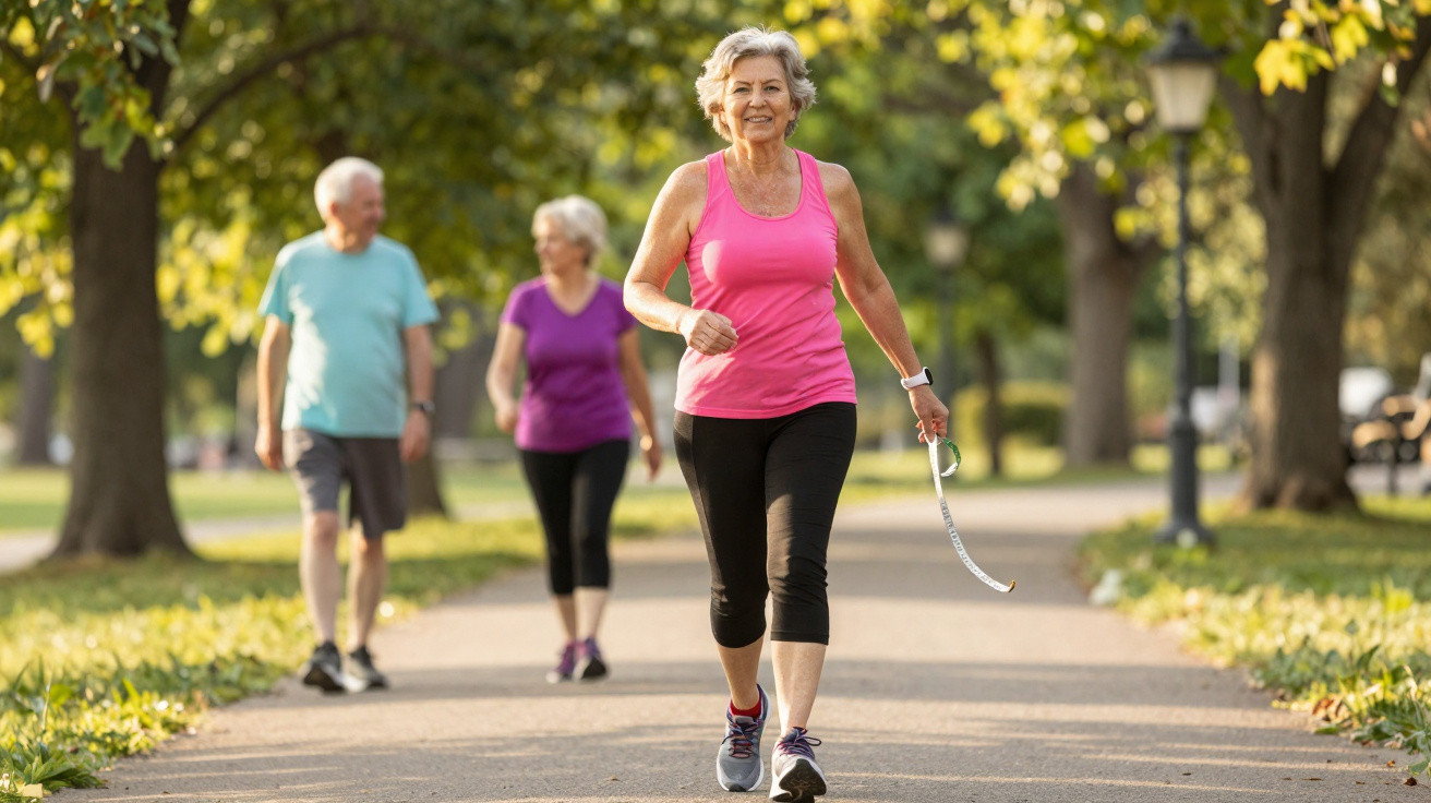 Active senior woman in pink top walking with two elderly people in park on sunny day