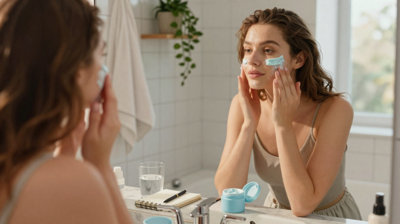 Young woman applying blue face cream in front of a bathroom mirror with skincare products on the counter.
