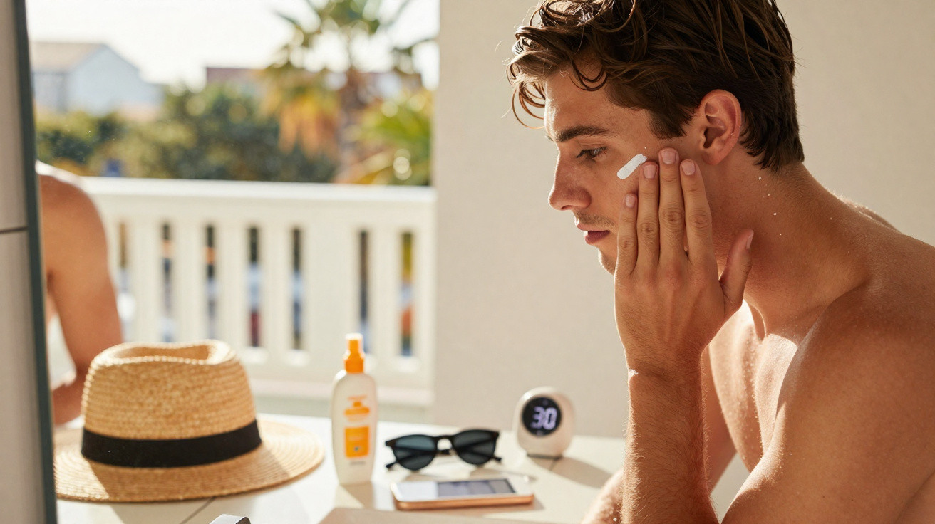 Young man applying sunscreen to his face on a sunny outdoor terrace with summer accessories nearby.