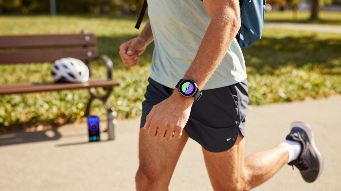 Close-up of a runner's arm with a smartwatch, jogging outdoors near a bench with a helmet and water bottle.