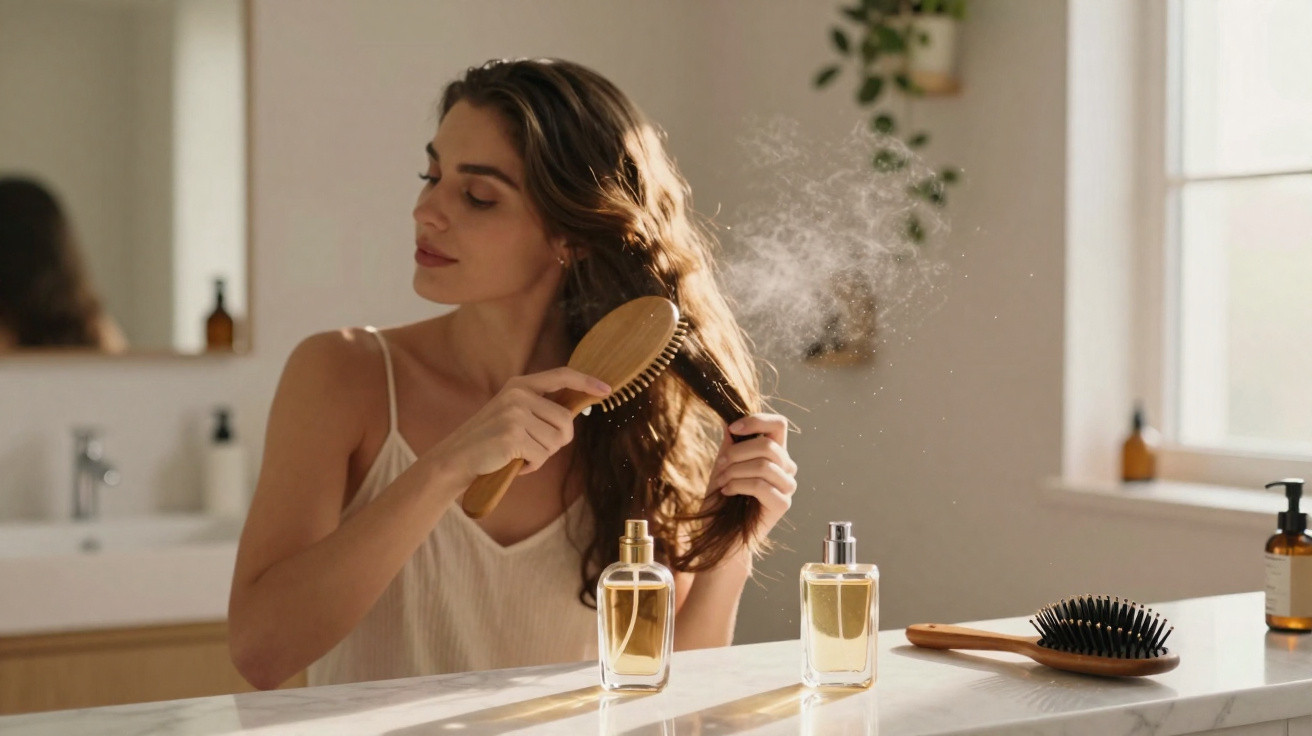 Woman brushing her long hair in front of a bathroom mirror with haircare products on the marble counter.