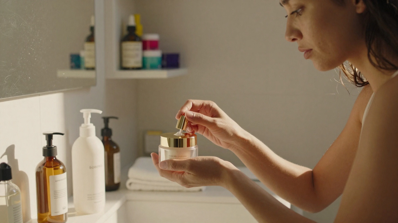 Woman applying cream from a jar in a bathroom with skincare products on the counter and shelves.