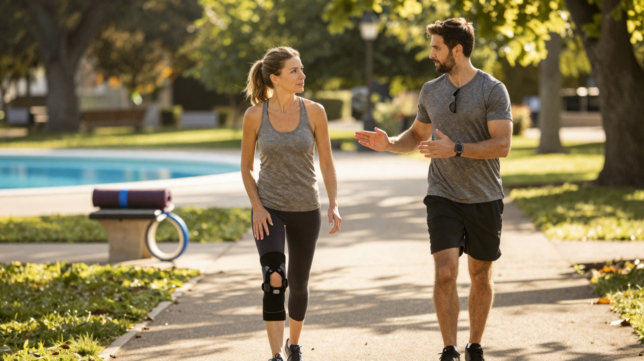 Man and woman in sportswear walking and talking on a path in a sunlit park with trees and a pool nearby