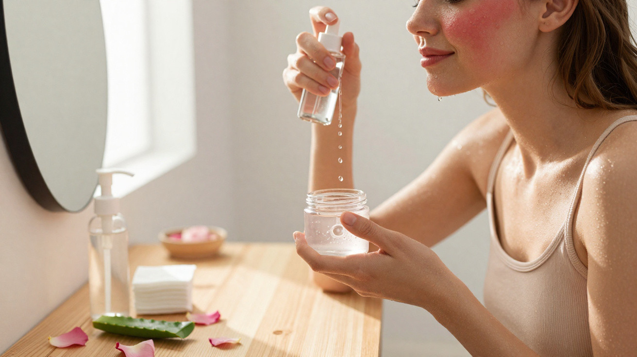 Woman in a tank top adding liquid from a small bottle into a jar on a wooden vanity with skincare items.