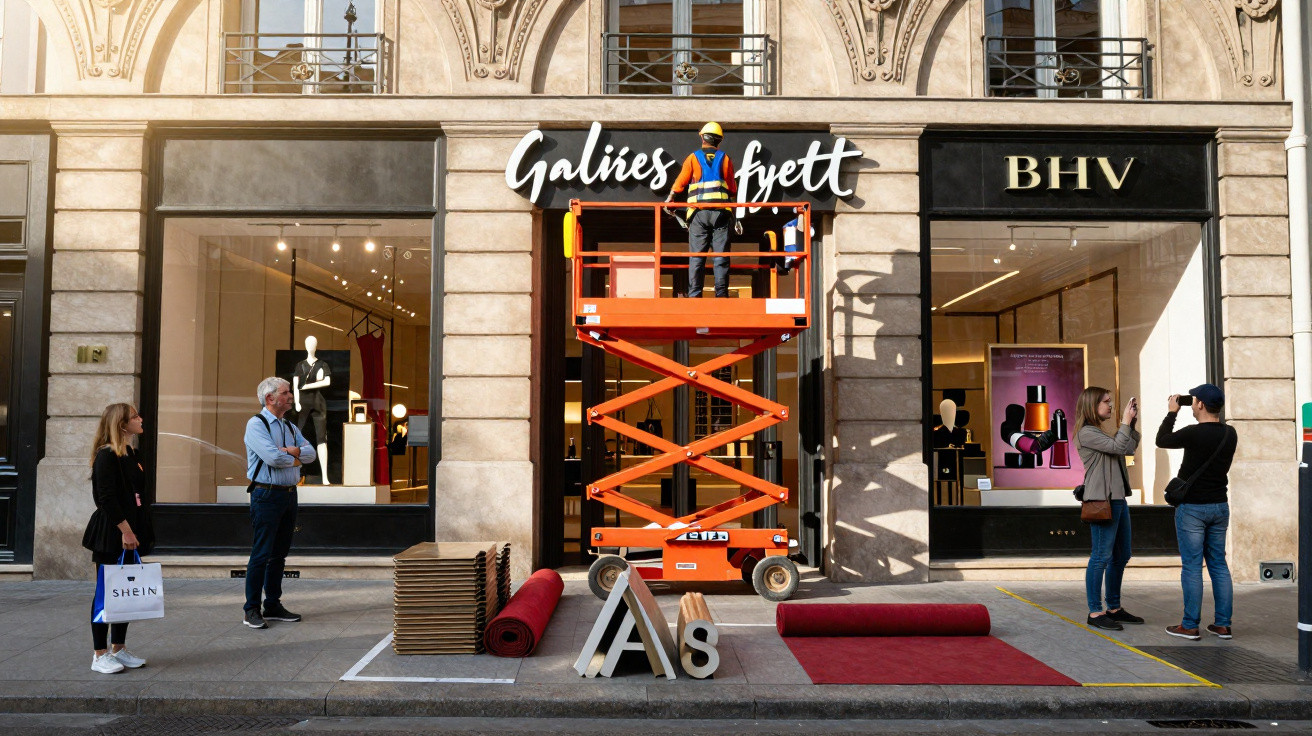 Worker on a scissor lift installing Galeries Lafayette sign above a store entrance with people watching on pavement.