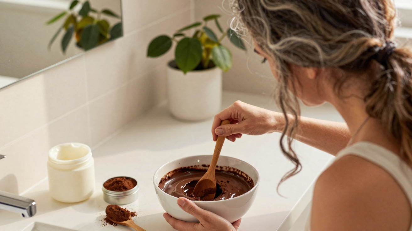 Person stirring a wooden spoon in a bowl of chocolate mixture on a kitchen counter with ingredients nearby.