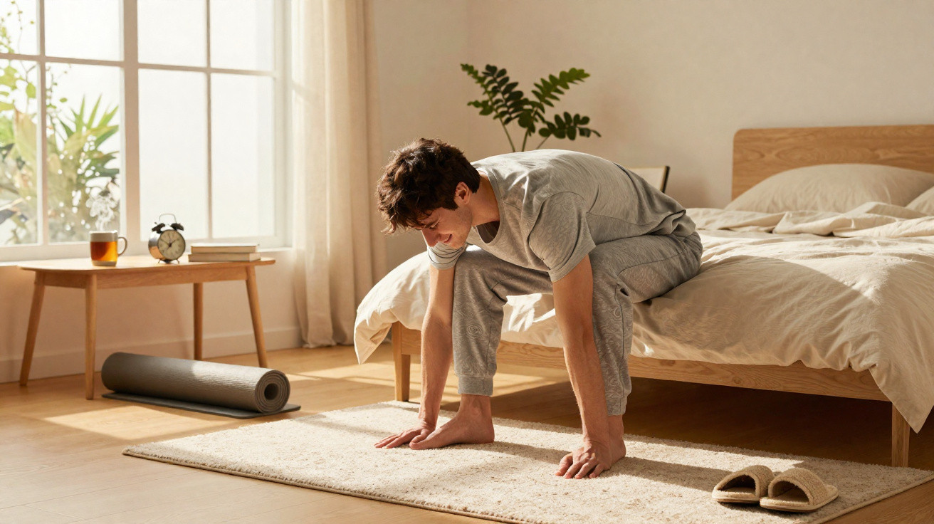 Young man stretching on a rug beside his bed in a sunlit bedroom with yoga mat and slippers nearby.