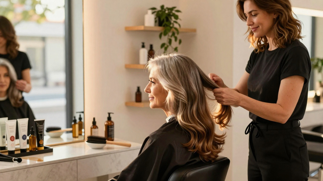 Hairdresser styling a smiling older woman’s long blonde hair inside a well-lit salon.