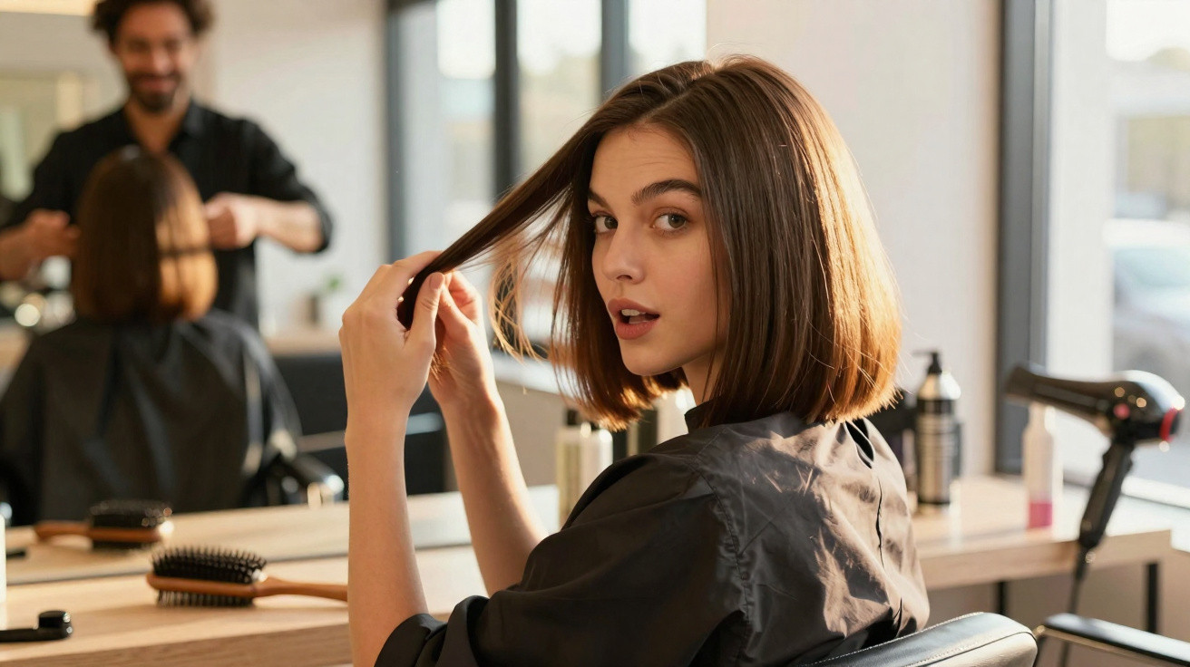 Woman with shoulder-length brown hair checking her haircut in a salon chair with a hairstylist reflected in the mirror.