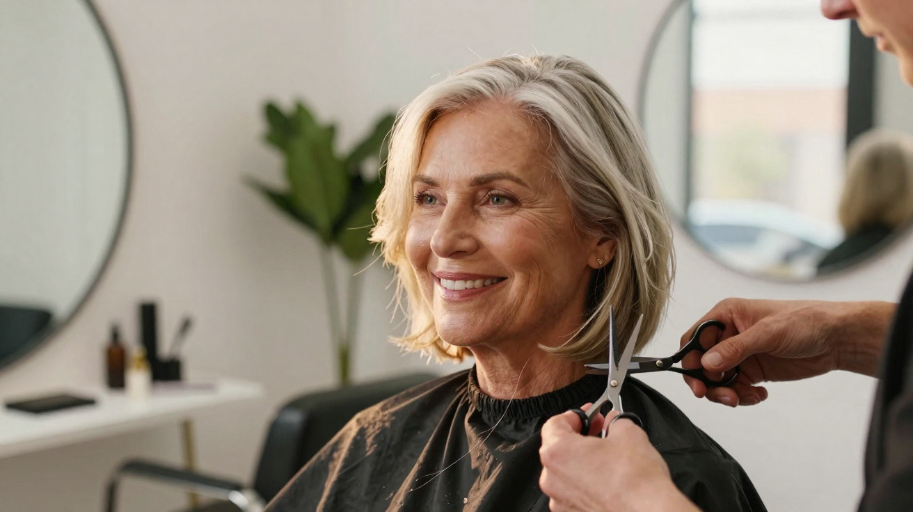 Smiling mature woman getting a haircut from a stylist in a modern salon with round mirrors.