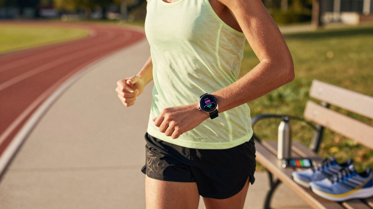 Person running on outdoor track wearing a smartwatch showing heart rate and calories burned.
