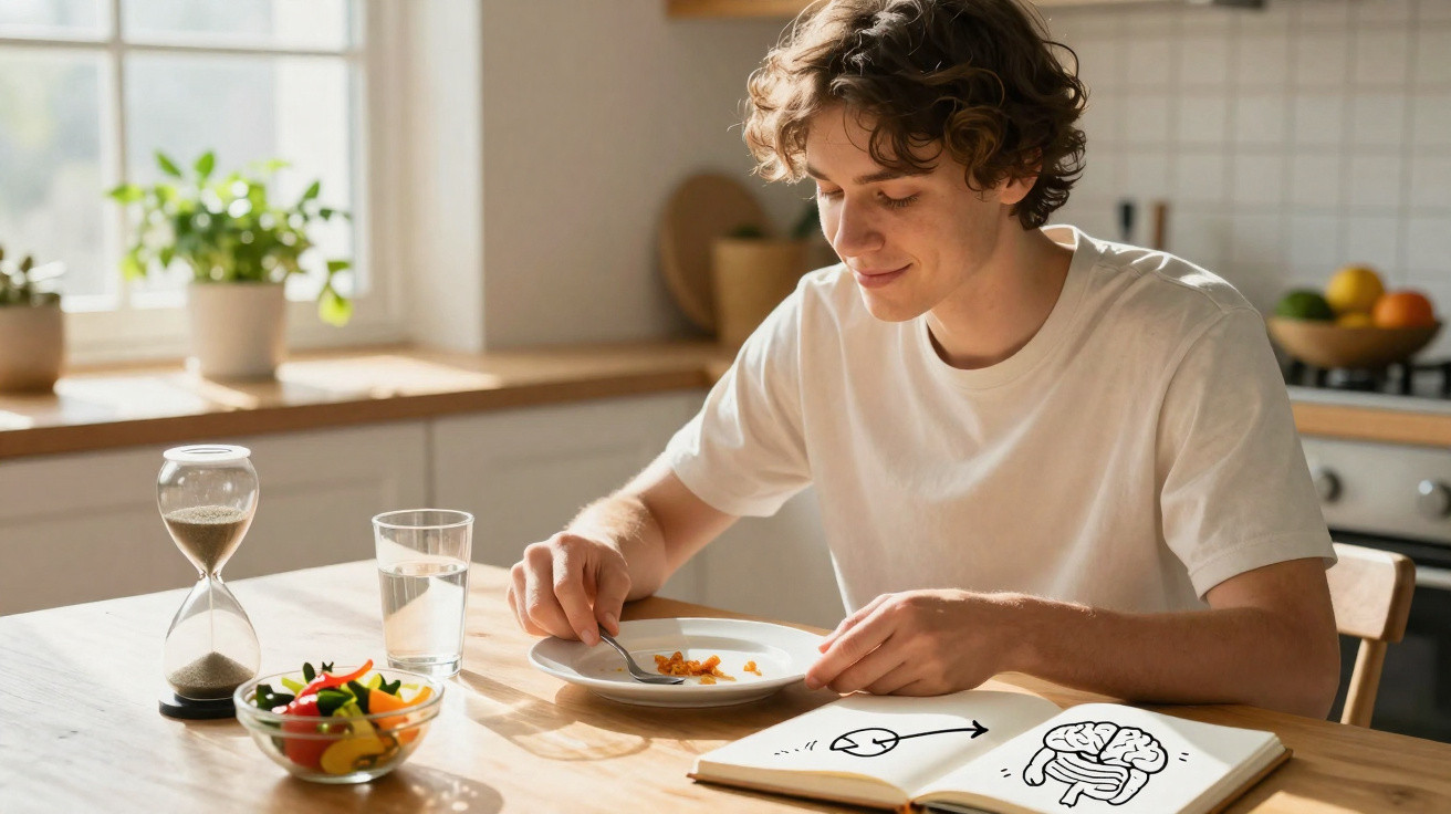Young man eating a small portion of food at a kitchen table with a brain sketch in an open notebook nearby.
