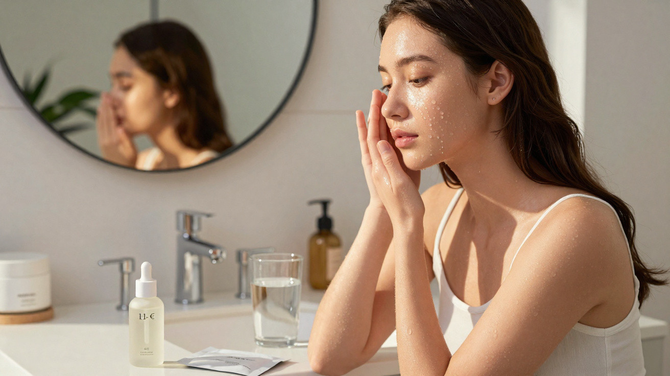 Young woman gently applying skincare serum to her face in a bright bathroom with a round mirror.