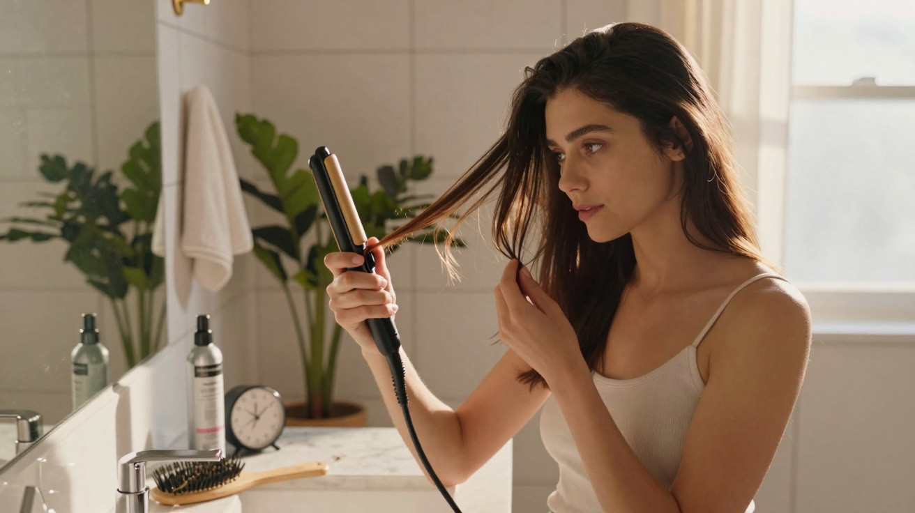 Woman straightening her hair with a flat iron in a bright bathroom with plants and toiletries.