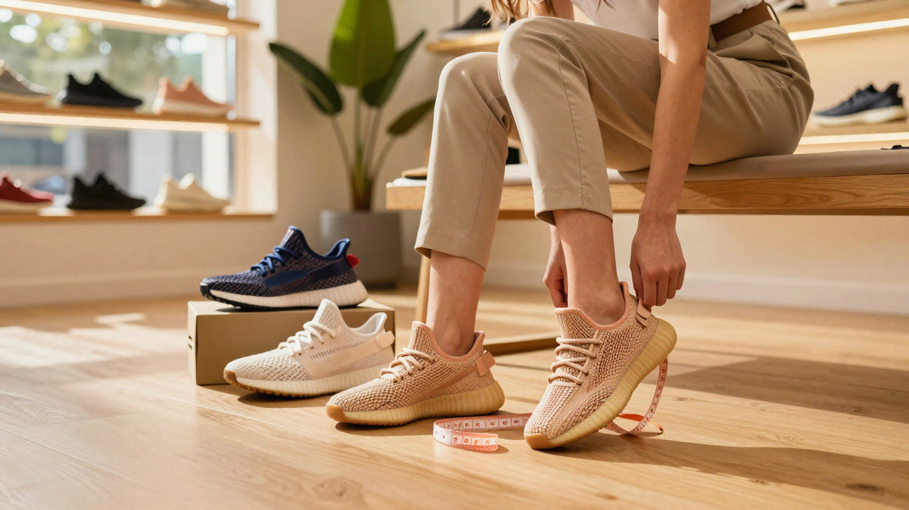 Person trying on beige trainers with a tape measure beside them in a brightly lit shoe store.