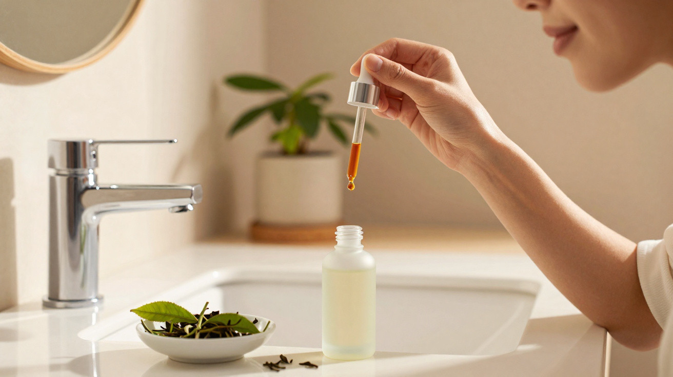 Hand holding dropper with amber liquid above a frosted bottle on bathroom sink counter with plant and bowl.