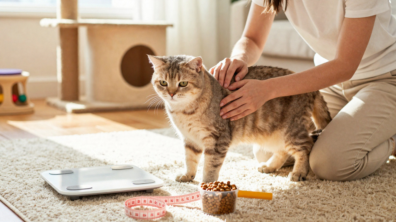 Person measuring a cat's weight on a carpet with a scale, tape measure, and cat food nearby in sunlight.