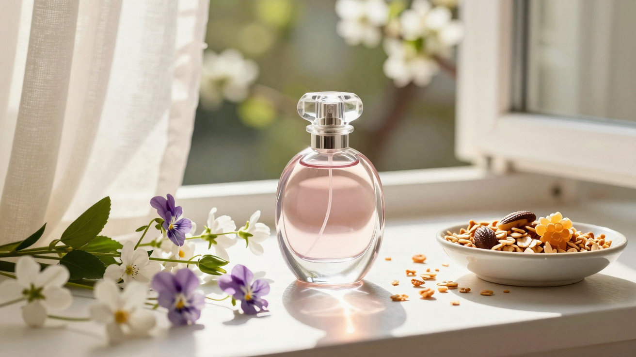 Glass perfume bottle with pink liquid beside purple and white flowers and a decorative bowl on a sunlit windowsill.