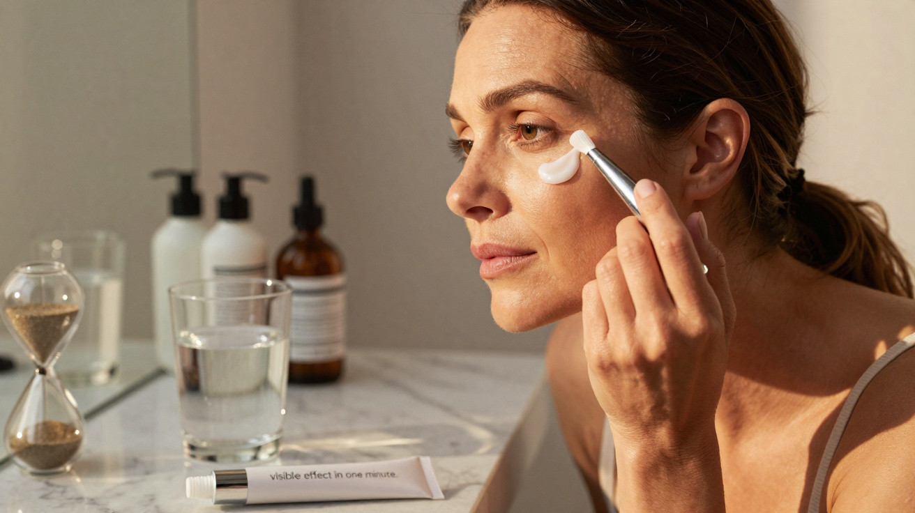 Woman applying cream under her eye with a brush in a well-lit bathroom with skincare products nearby.