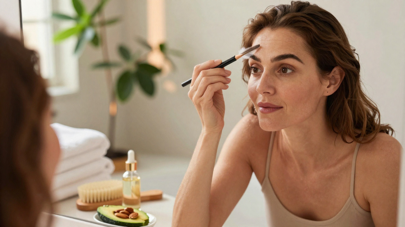 Woman applying makeup on her eyebrows while looking in the bathroom mirror with skincare items nearby.