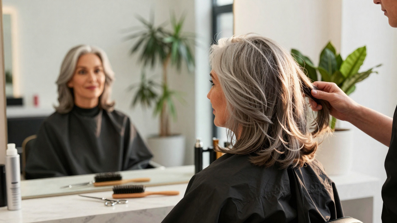 Older woman with grey hair getting a haircut at a salon, sitting in front of a mirror with hair tools nearby.