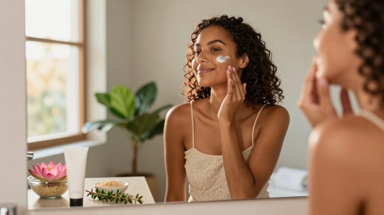 Woman applying face cream while looking in a bathroom mirror, with skincare products on the counter.