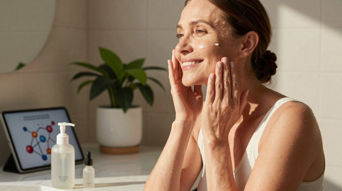 Woman smiling while applying cream to her face in a bright bathroom with skincare products nearby.