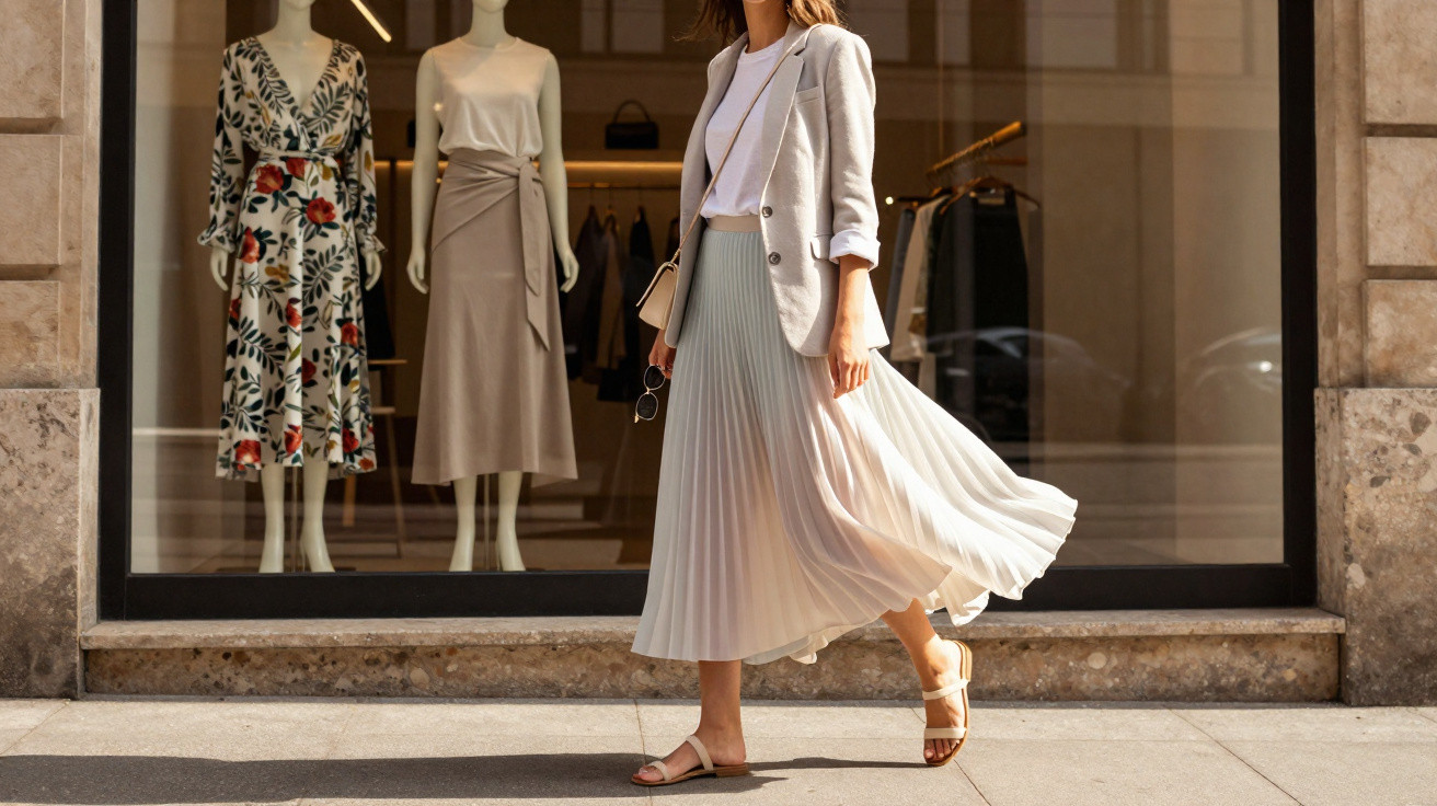 Woman in a white blazer and pleated skirt walking past a shop window displaying two mannequins with dresses.