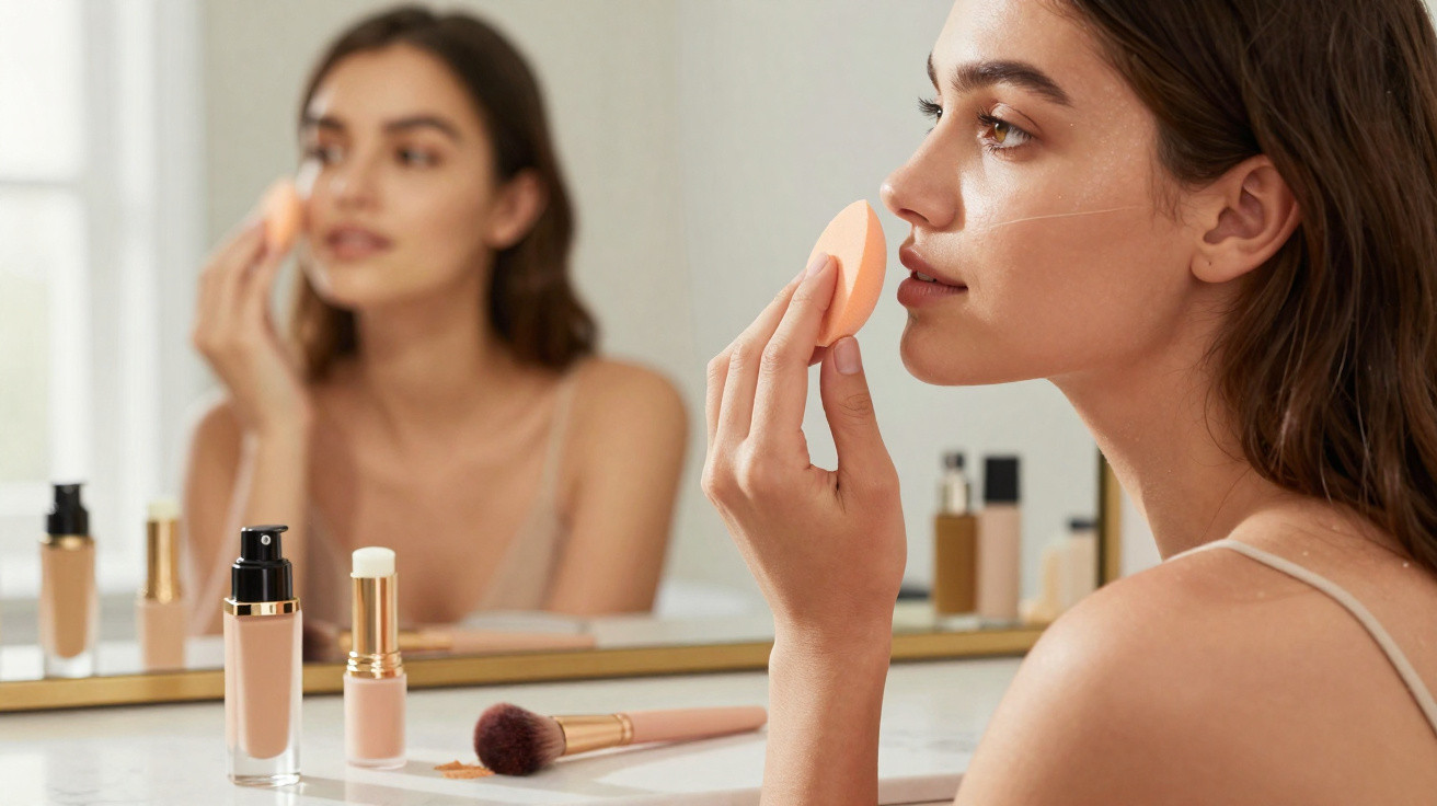 Young woman applying makeup with a sponge in front of a mirror, with cosmetic products on the table.