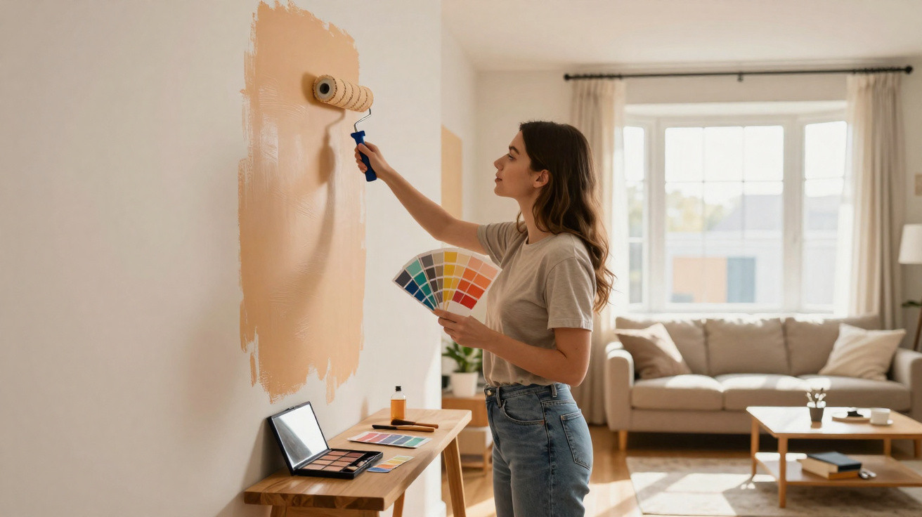 Woman painting a cream wall using a roller while holding a colour palette in a bright living room.