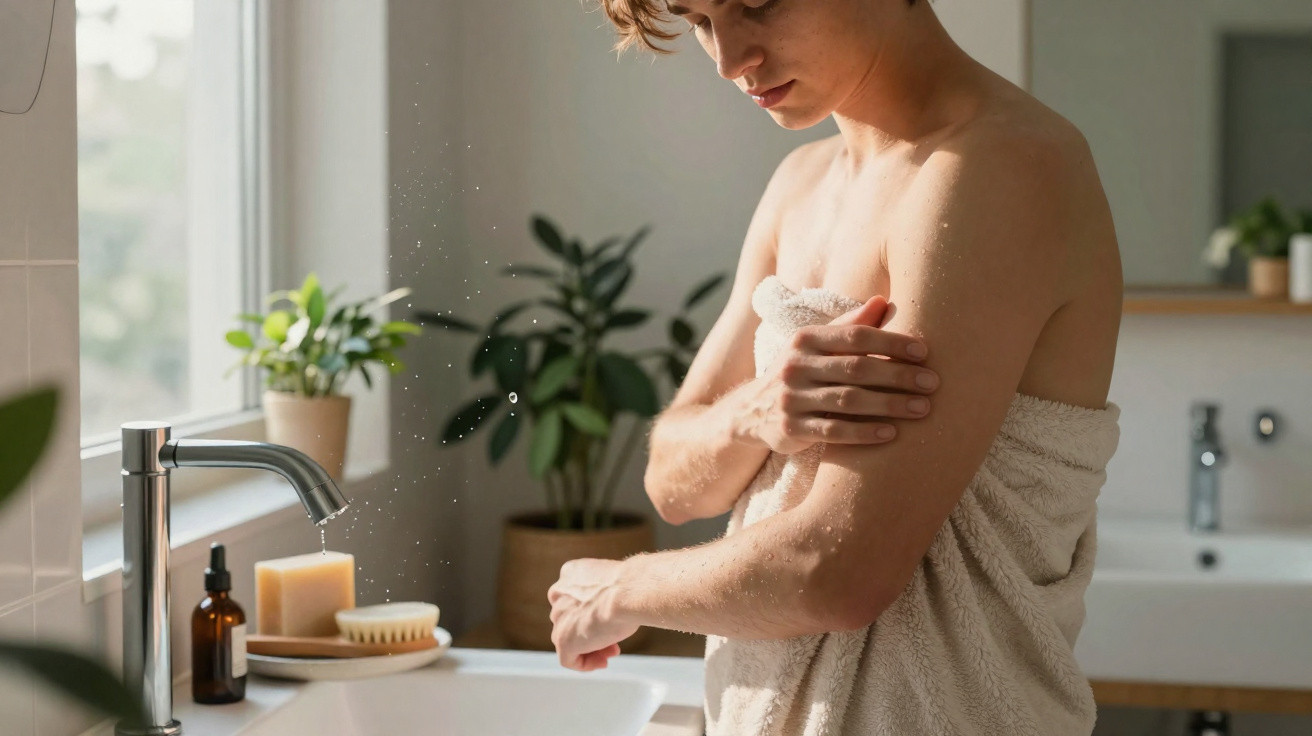Young person wrapped in towel applying lotion in sunlit bathroom with plants by window and sink.