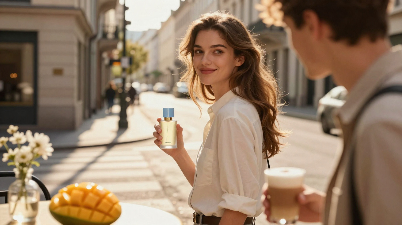 Young woman holding a perfume bottle, smiling at a man with a coffee on a sunny city street cafe.