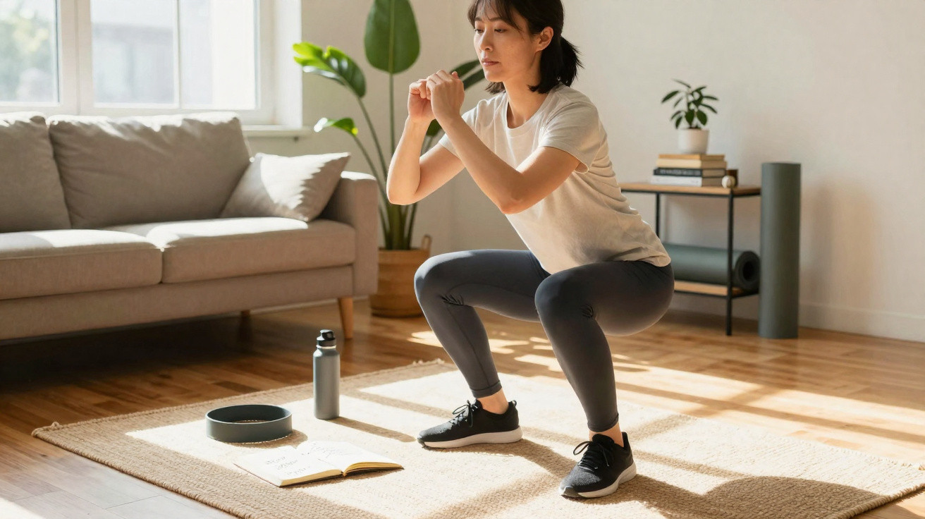 Woman in workout clothes doing squats in a bright living room with a yoga mat, water bottle, and book nearby.