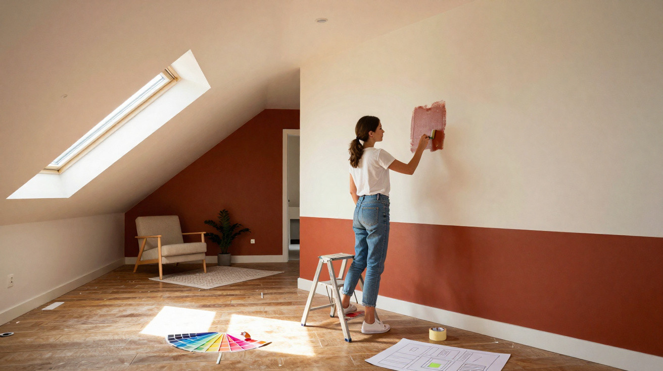 Woman painting a white wall with terracotta paint in a bright room with a skylight and wooden floor.