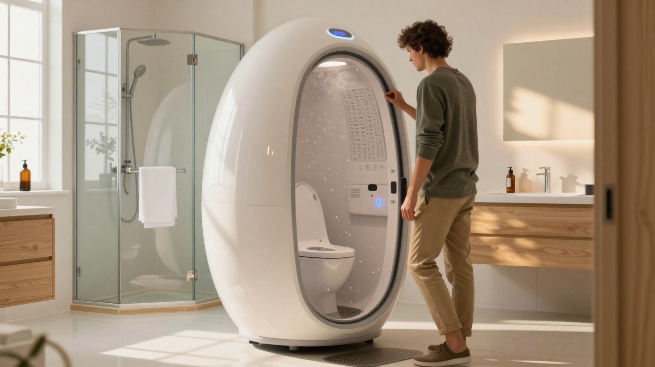 Young man operating a futuristic pod-shaped toilet unit inside a modern bathroom.