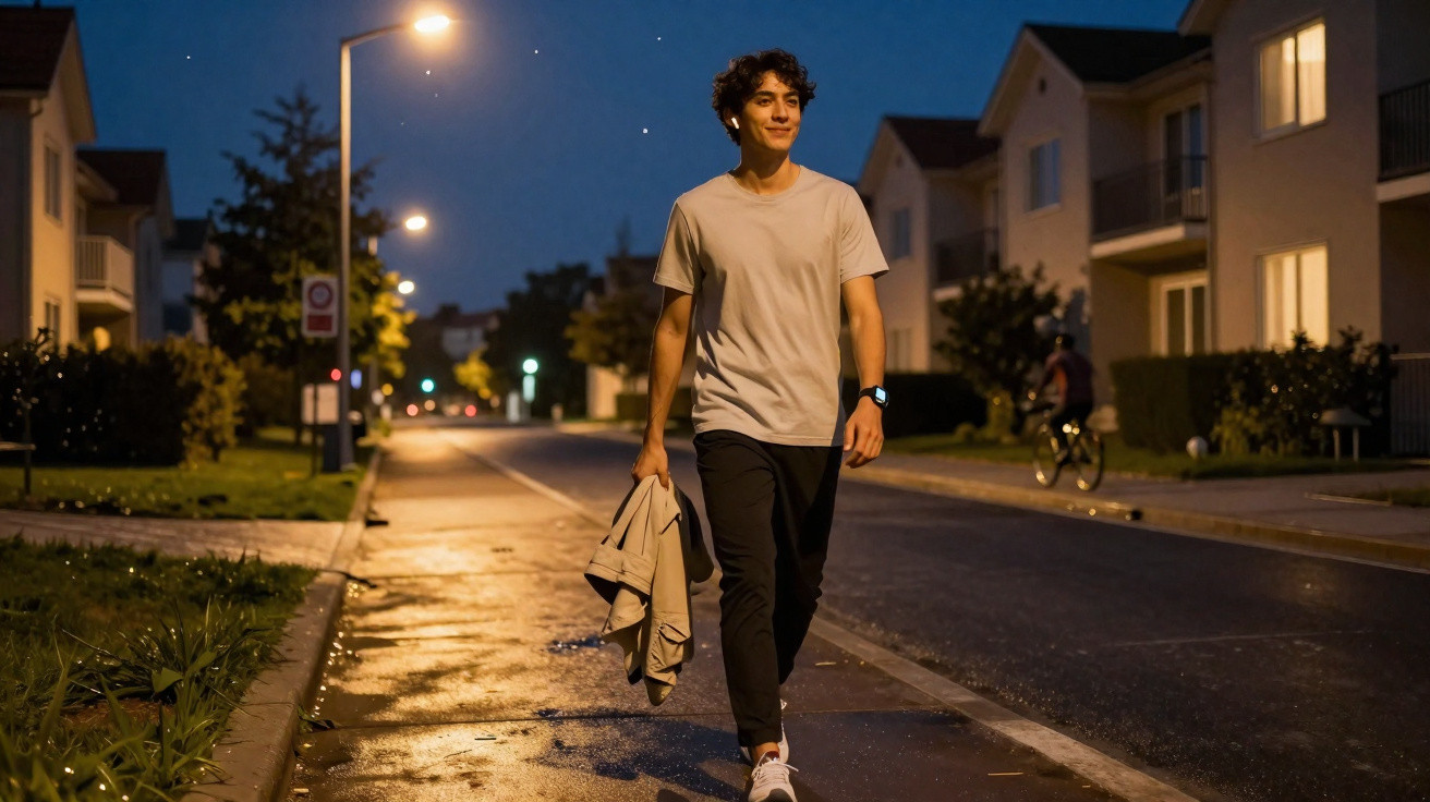 Young man casually walking on a suburban street at night holding a jacket and smiling.