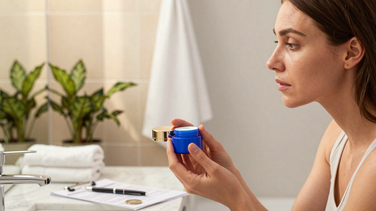 Woman in bathroom holding open blue jar of cream, looking at it with folded towels and plants in background.