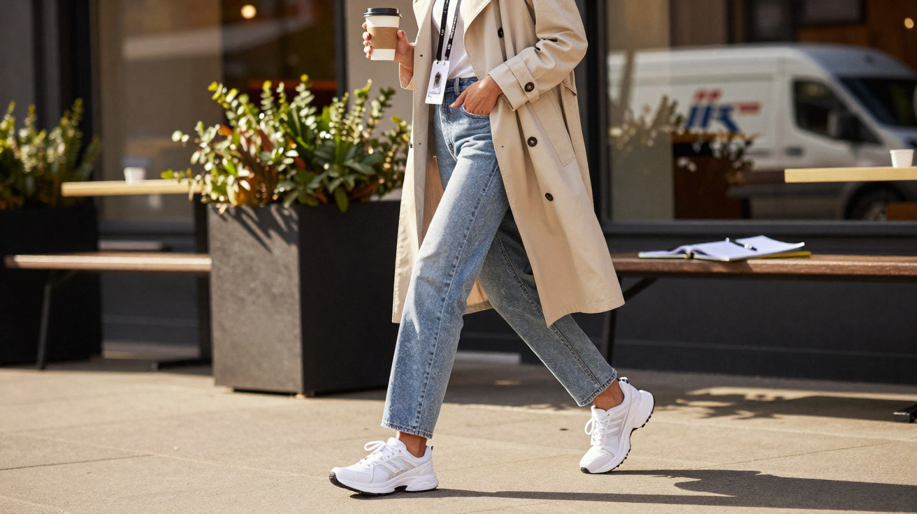 Person in beige trench coat and jeans walking on pavement with coffee cup in hand near bench and plants