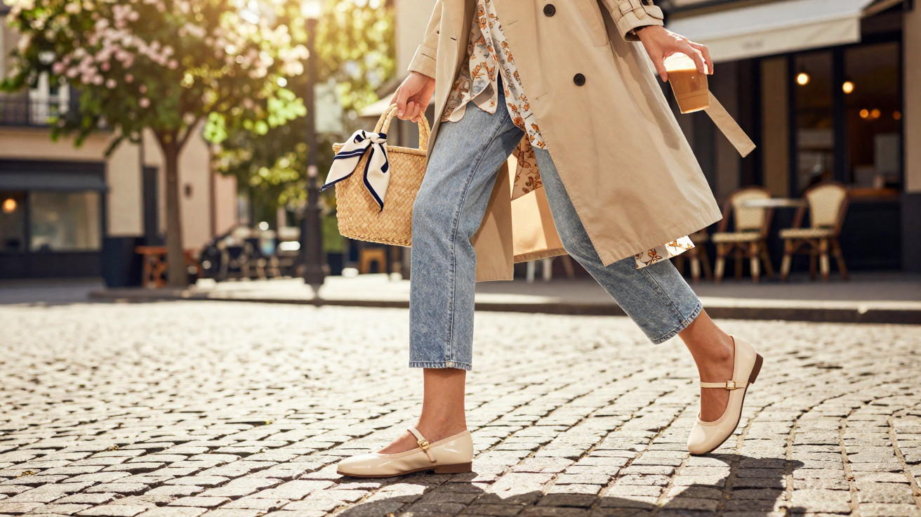 Person walking on cobblestone street wearing beige trench coat, cropped jeans, cream shoes, and holding coffee and wicker bag