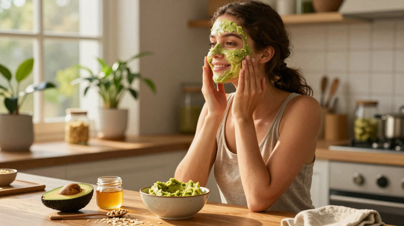 Young woman with a green avocado face mask, smiling in a bright kitchen with avocado and honey on the table.