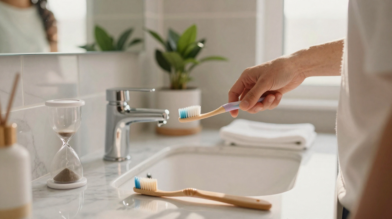 Hand holding a wooden toothbrush with toothpaste over a bathroom sink with another toothbrush on the counter.
